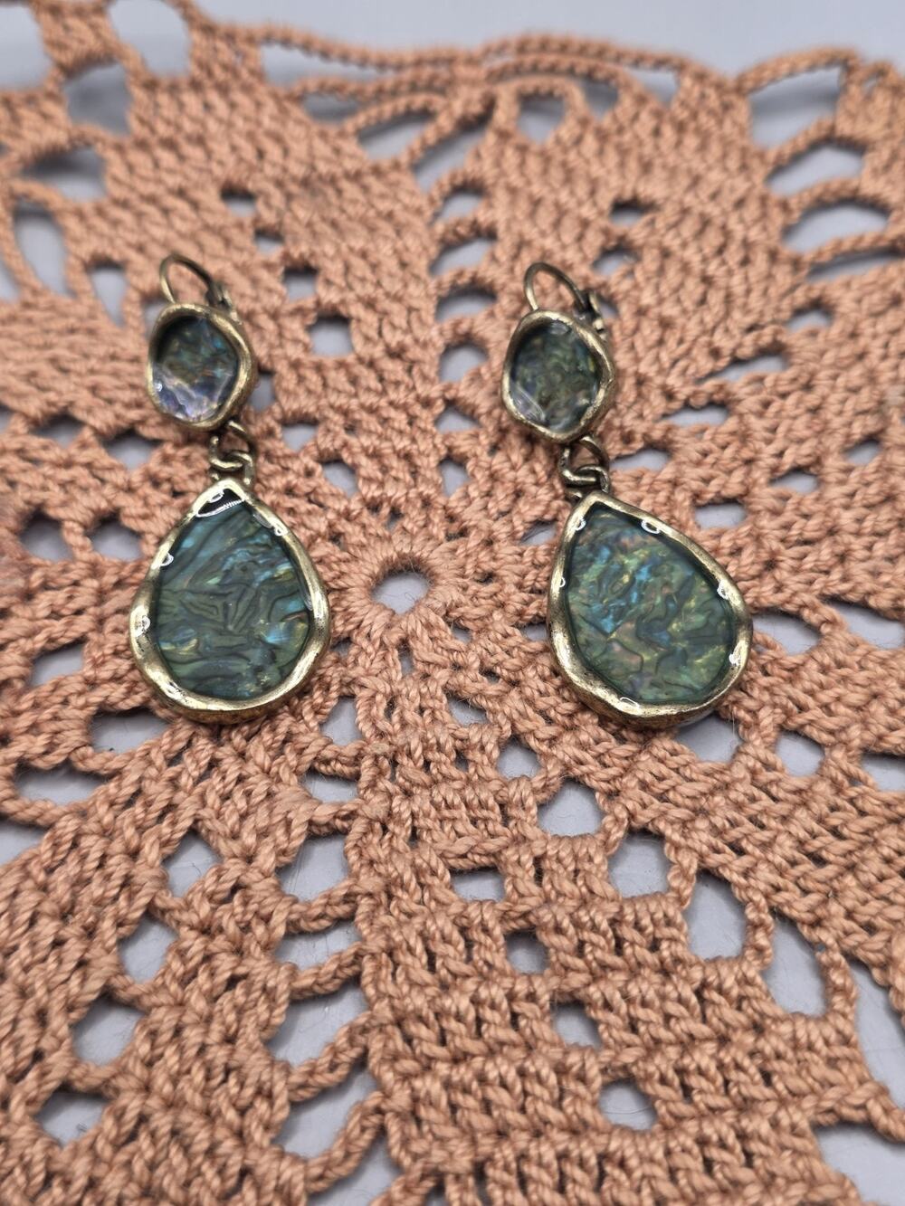 Vintage NRQ Brass Plated Faux Abalone Teardrop Earrings Double Drop Oil Slick